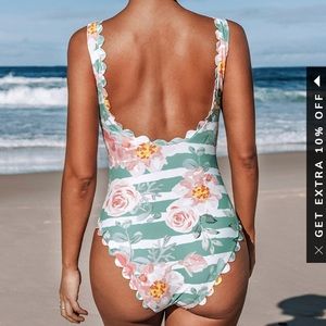 Floral and striped scalloped one piece swimsuit by Cupshe
